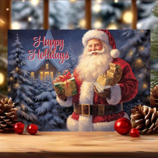 Santa Claus Holding Gifts In A Winter Scene. Happy Holidays Text Is Visible.