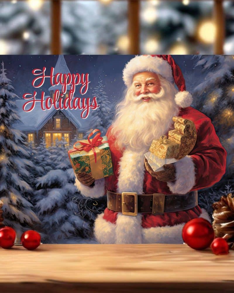 Santa Claus holding gifts in a winter scene. Happy Holidays text is visible.