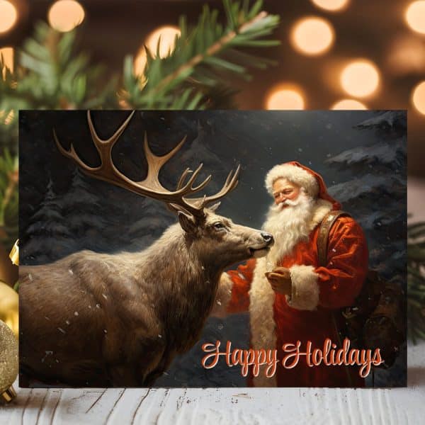 Santa Claus And A Large Reindeer Share A Tender Moment, With The Words Happy Holidays Below Them.