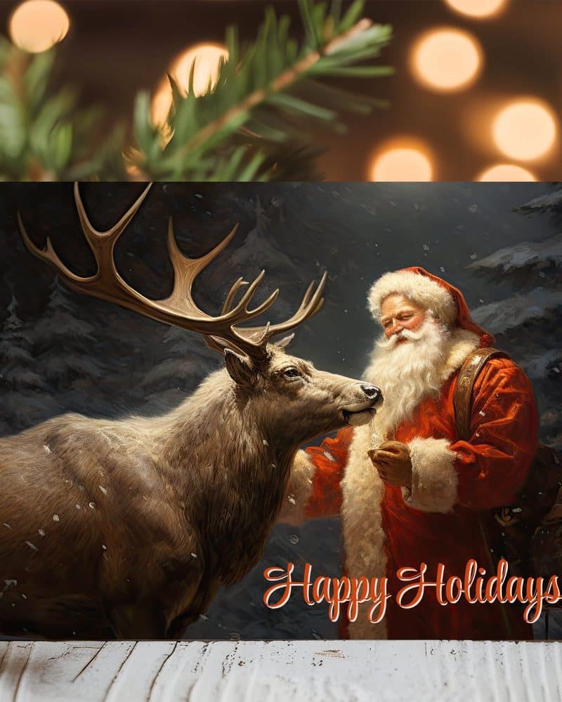 Santa Claus and a large reindeer share a tender moment, with the words Happy Holidays below them.