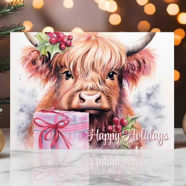 A Highland Cow With A Pink Gift And Holly On Its Head, A Happy Holidays Message.