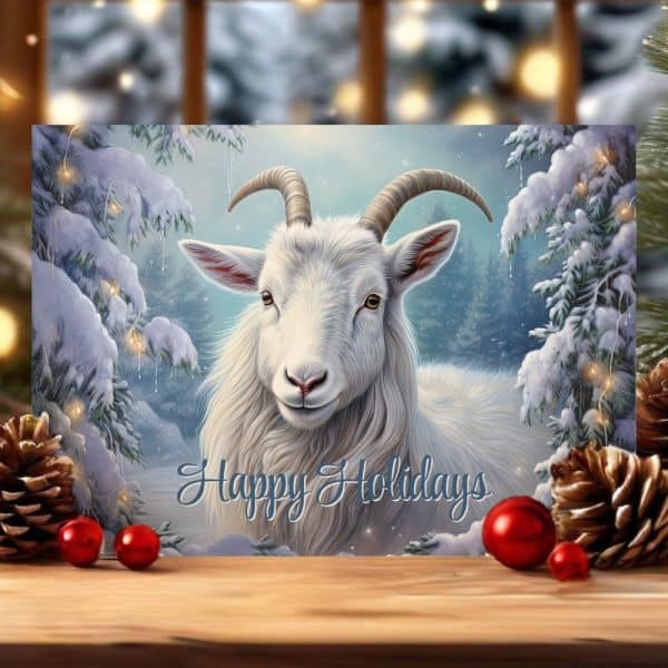 Holiday Greeting Card Featuring A White Goat In A Snowy Winter Scene.