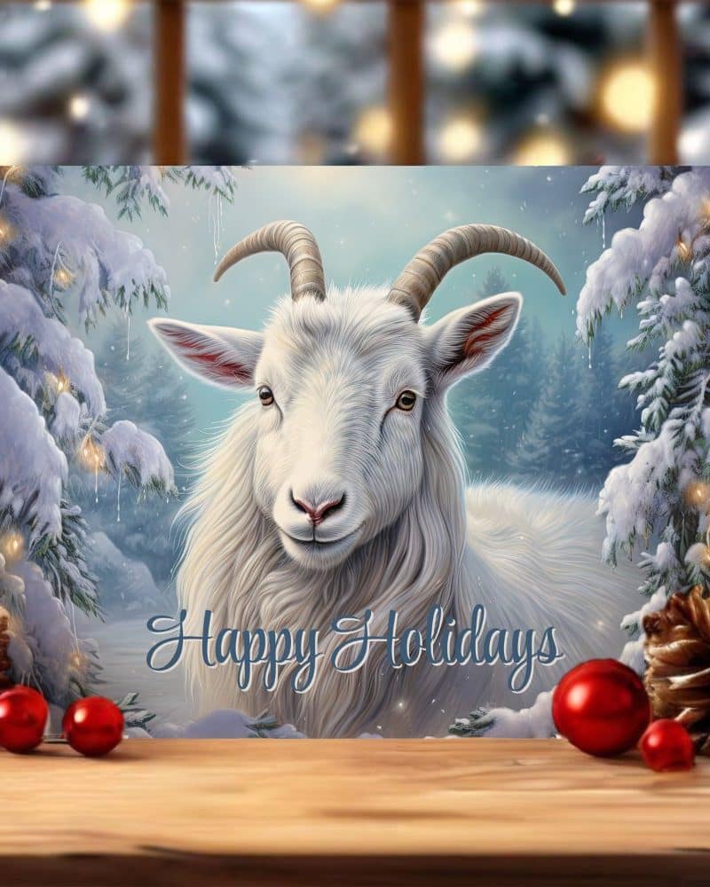 Holiday greeting card featuring a white goat in a snowy winter scene.