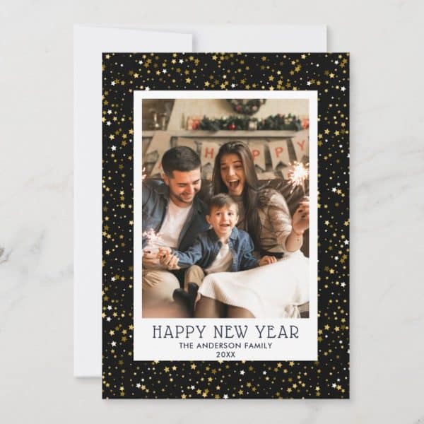 Happy New Year Card Featuring A Photo Of A Family Of Three With Sparklers.