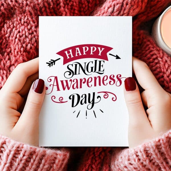 Hands Hold A Card That Says Happy Single Awareness Day.