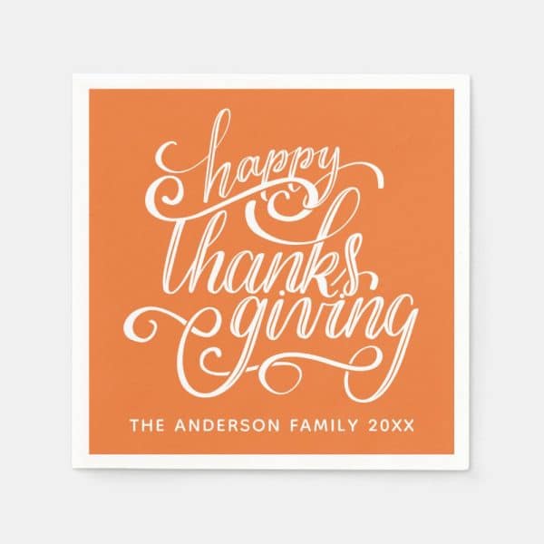 Orange Thanksgiving Card With Stylized White Lettering That Says Happy Thanksgiving, And The Anderson Family Name And Year.