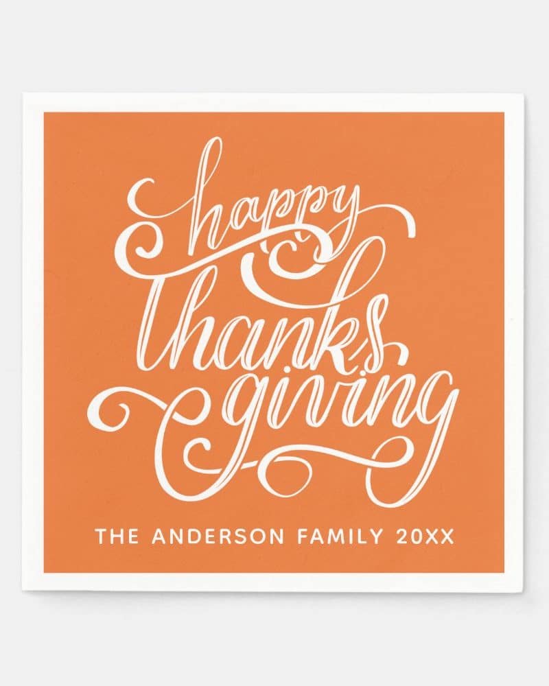 Orange Thanksgiving card with stylized white lettering that says Happy Thanksgiving, and the Anderson family name and year.