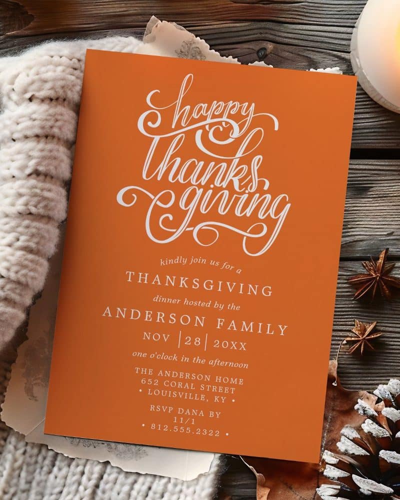 Orange Thanksgiving invitation with white cursive lettering.