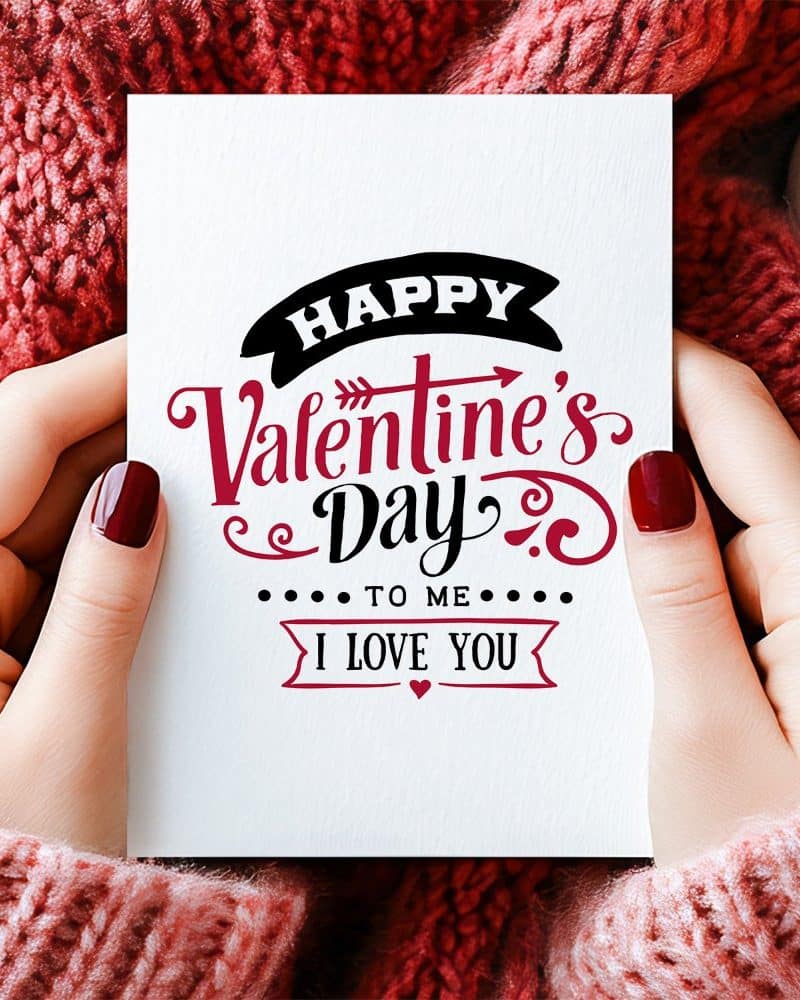 Two hands hold a Valentines Day card that says Happy Valentine's Day to me, I love you.