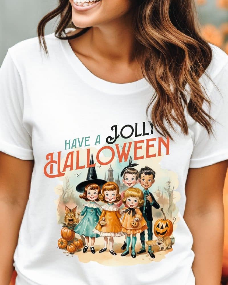 White t-shirt featuring a vintage Halloween design of children trick-or-treating.
