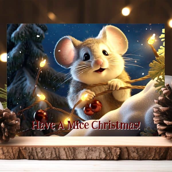 A Smiling Mouse Holding Christmas Lights.