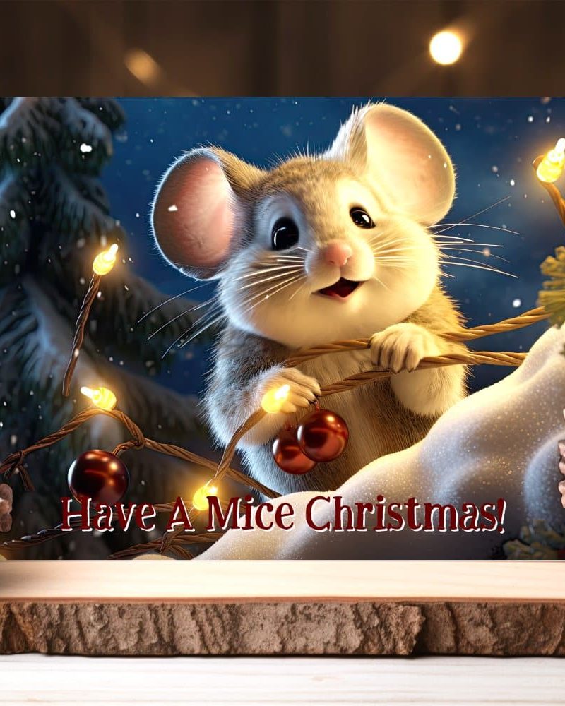A smiling mouse holding Christmas lights.