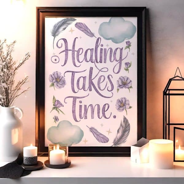 Framed Print With The Text Healing Takes Time, Surrounded By Watercolor Flowers And Feathers.