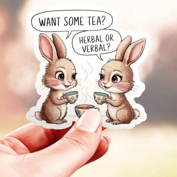 Two Cute Rabbits Sharing Teacups, With Speech Bubbles Above Them Asking, Want Some Tea? Herbal Or Verbal?