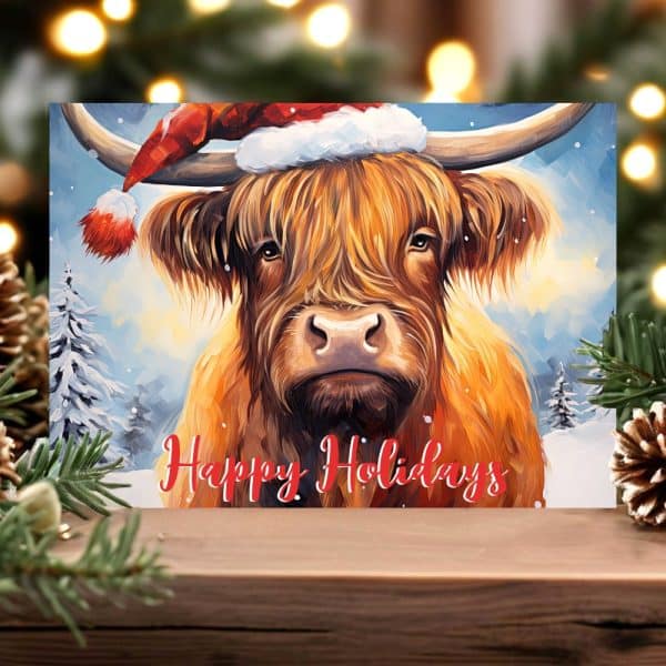 Highland Cow Wearing A Santa Hat In A Winter Scene, With Happy Holidays Text.