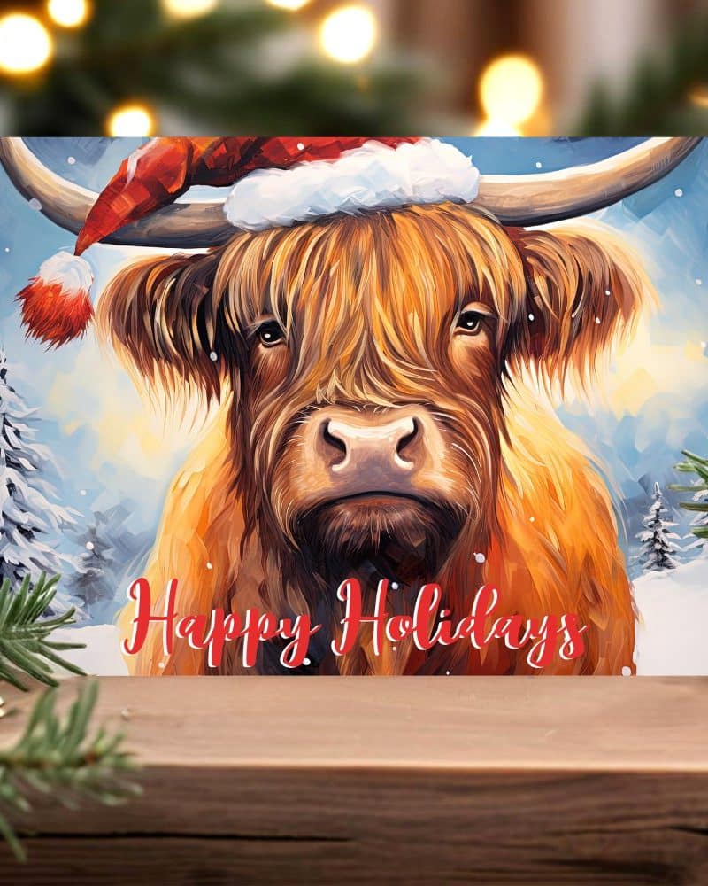 Highland cow wearing a Santa hat in a winter scene, with Happy Holidays text.