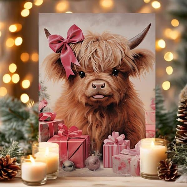 A Highland Cow Calf Wearing A Pink Bow Sits Among Pink And White Christmas Presents.
