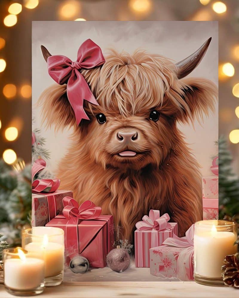 A Highland cow calf wearing a pink bow sits among pink and white Christmas presents.