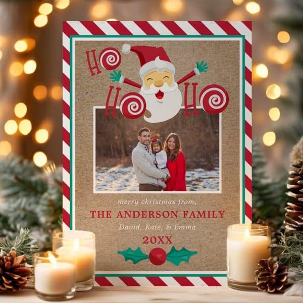Christmas Card Featuring A Cartoon Santa With Candy Canes And A Family Photo.