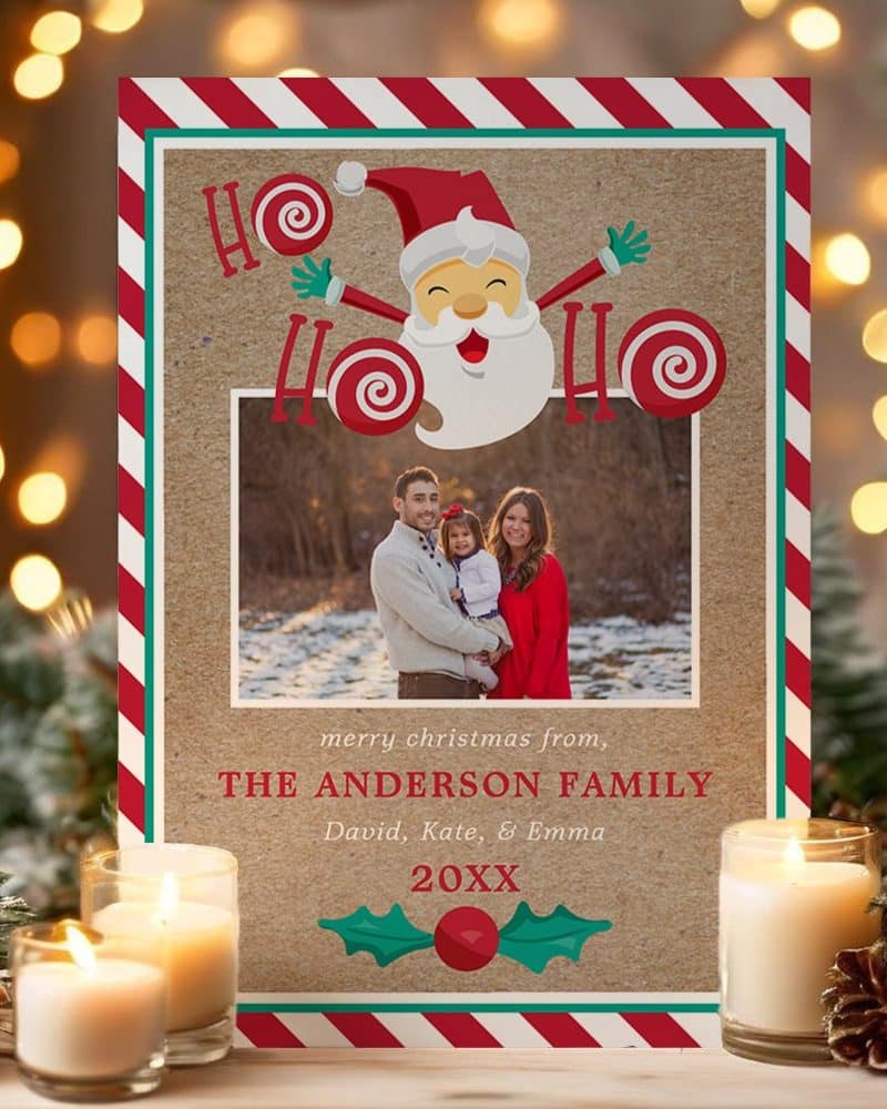 Christmas card featuring a cartoon Santa with candy canes and a family photo.