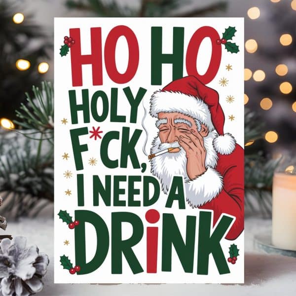 A Christmas Card Featuring A Cartoon Santa Smoking A Cigarette And Saying Ho Ho Holy F*Ck, I Need A Drink.