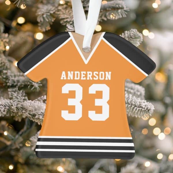 Orange And Black Jersey-Shaped Christmas Ornament With The Name Anderson And Number 33.