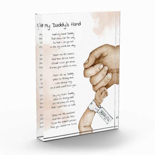 A Father'S Hand Holding His Child'S Hand, With A Poem Expressing The Father'S Guidance And Support.