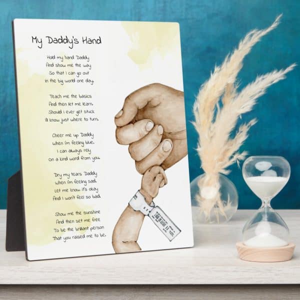 A Framed Poem About A Father'S Love, Illustrated With A Watercolor Painting Of A Father'S Hand Holding His Child'S.