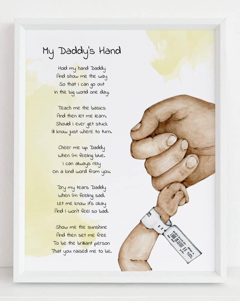 Framed poem titled My Daddy's Hand, featuring an illustration of a father's hand holding his child's.