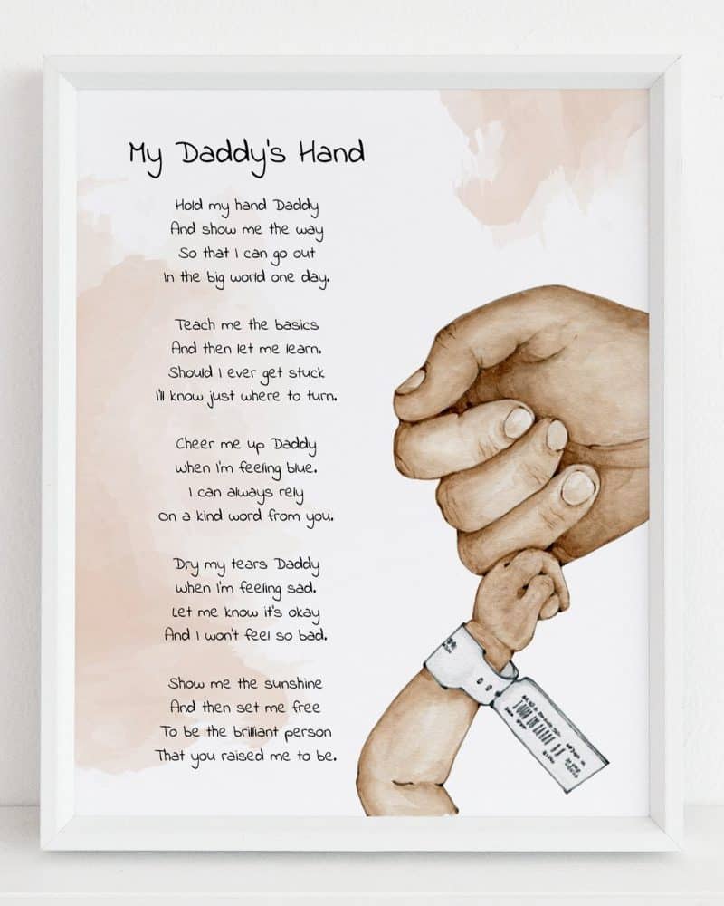 A sepia-toned illustration of a father's hand holding his child's, accompanied by a poem titled My Daddy's Hand.