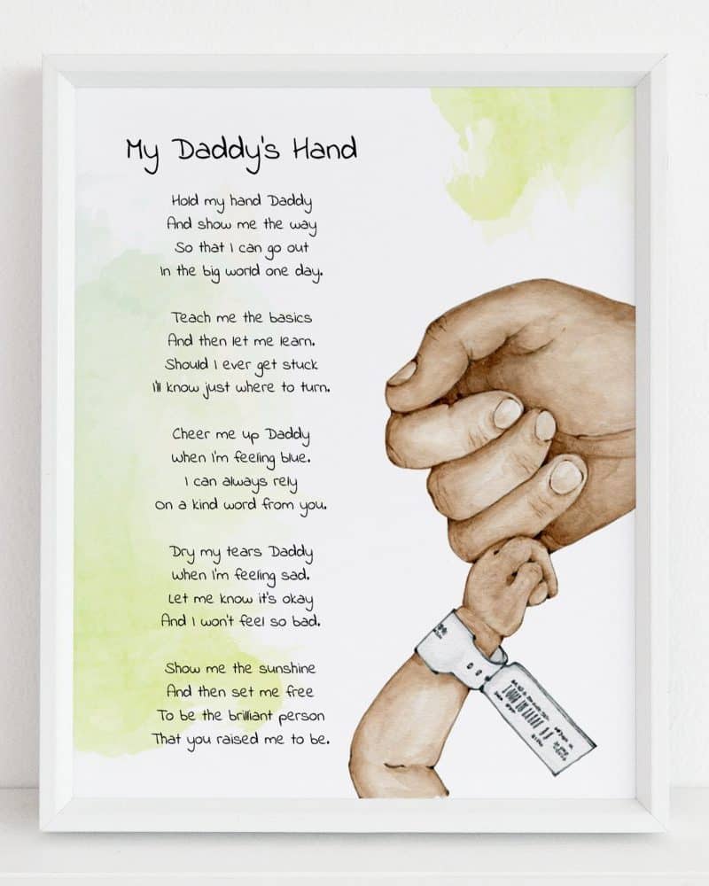 A watercolor painting of a large hand holding a small hand, accompanied by a poem titled My Daddy's Hand.