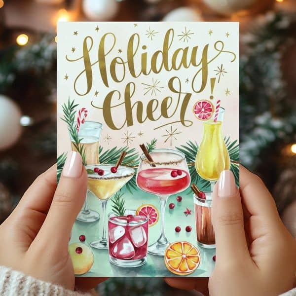 Two Hands Hold A Holiday Greeting Card Featuring An Illustration Of Several Festive Cocktails.