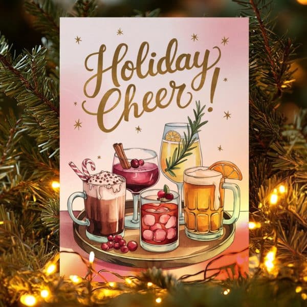 Holiday Cheer Card Featuring A Tray Of Assorted Holiday Cocktails.