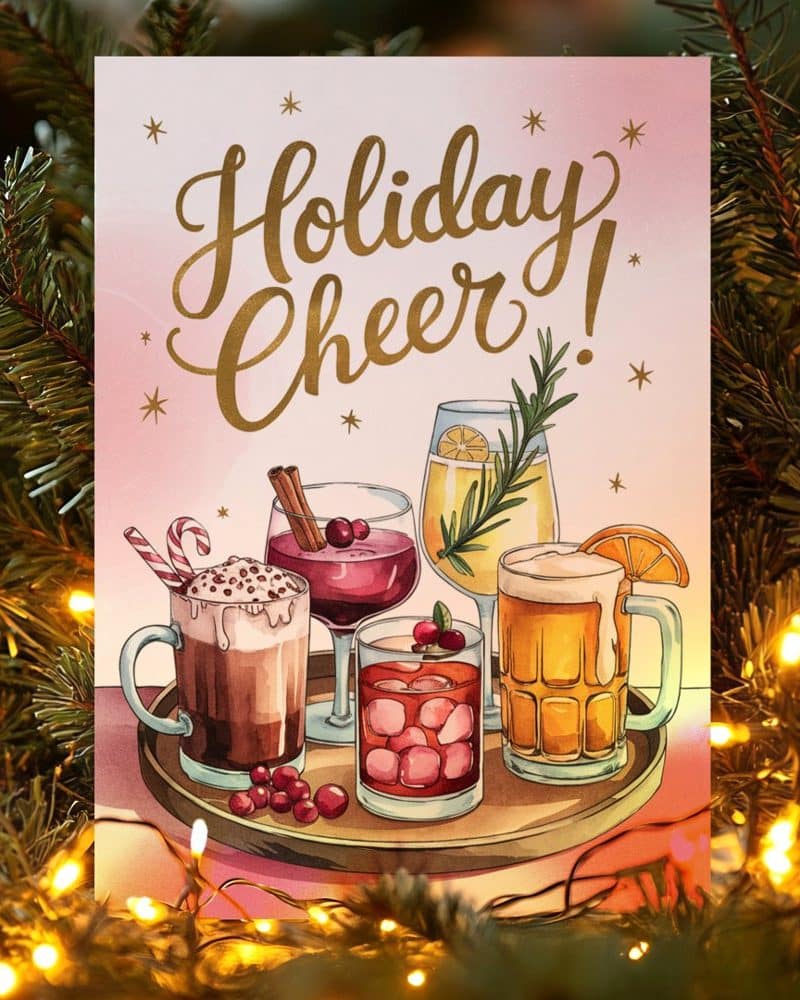 Holiday cheer card featuring a tray of assorted holiday cocktails.