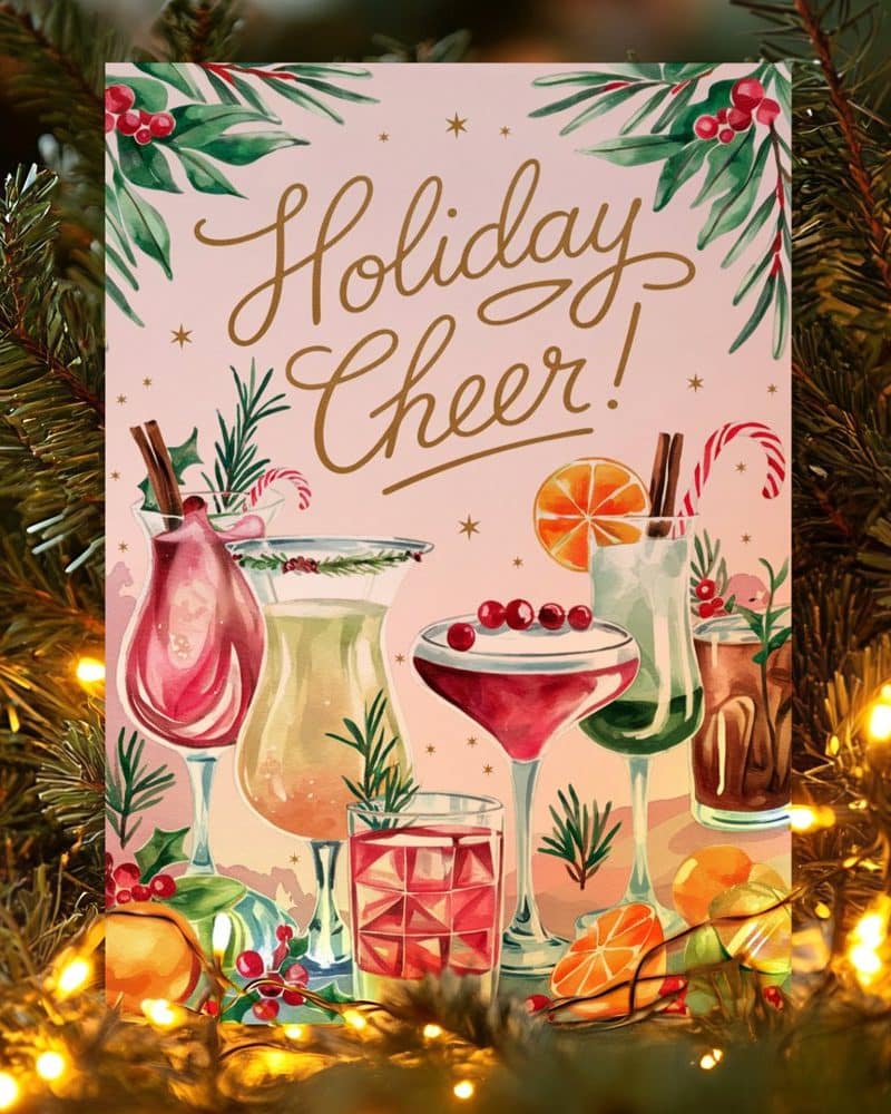Holiday cheer card featuring a watercolor illustration of several festive cocktails.