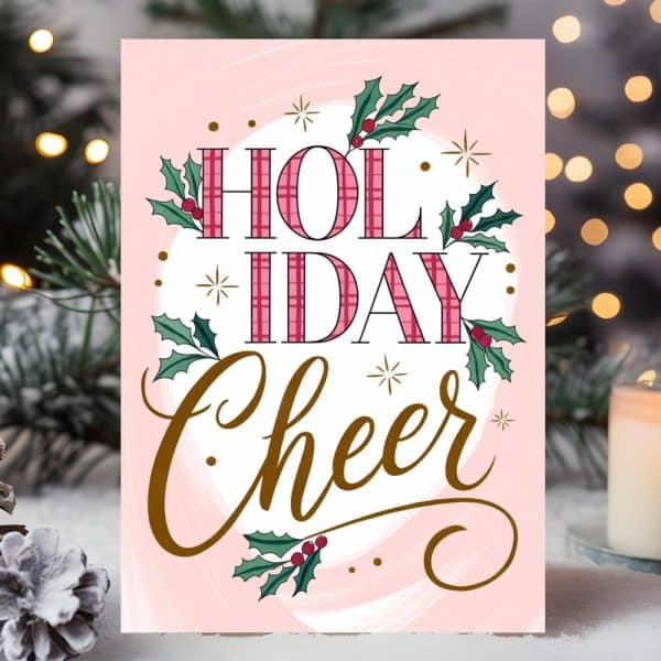 Pink Holiday Card With Gold Lettering That Says Holiday Cheer, Surrounded By Holly.