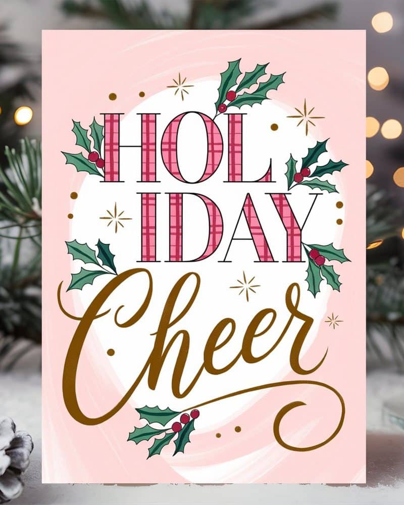 Pink holiday card with gold lettering that says Holiday Cheer, surrounded by holly.