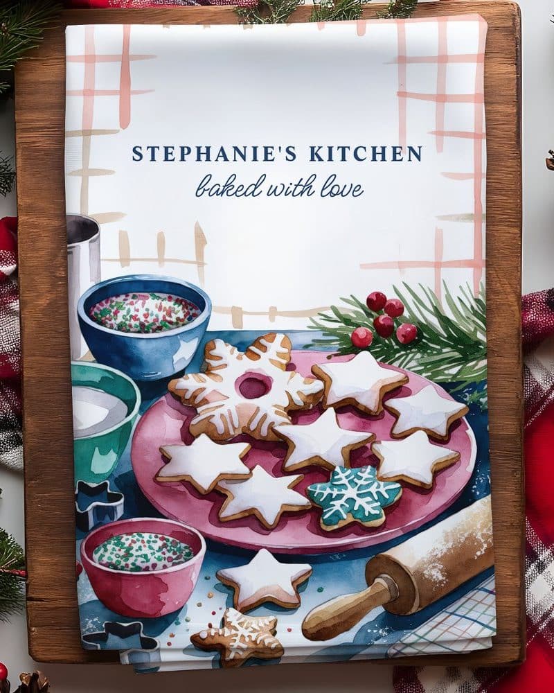 A kitchen towel featuring a watercolor painting of star-shaped and snowflake-shaped Christmas cookies on a pink plate.