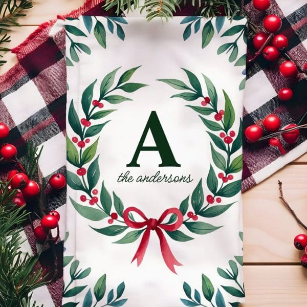 Christmas Tea Towel Featuring A Monogrammed Wreath.