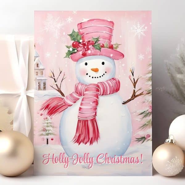 Pink Christmas Card Featuring A Snowman Wearing A Pink Hat And Scarf. Holly Jolly Christmas Is Written At The Bottom.