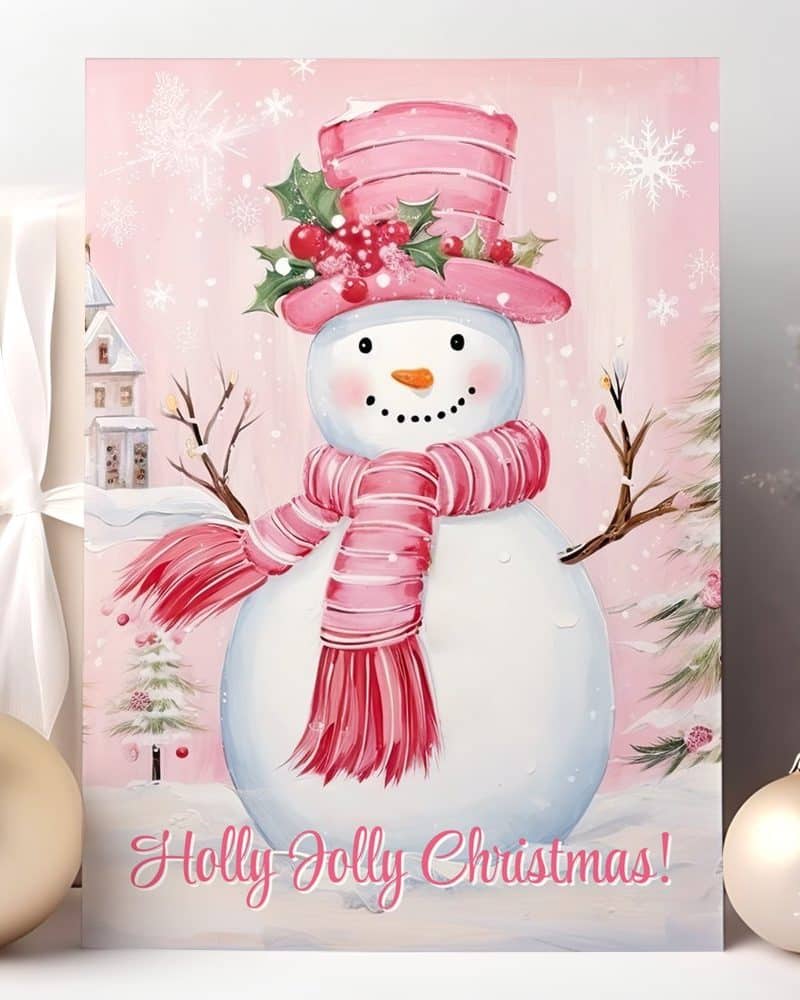 Pink Christmas card featuring a snowman wearing a pink hat and scarf. Holly Jolly Christmas is written at the bottom.