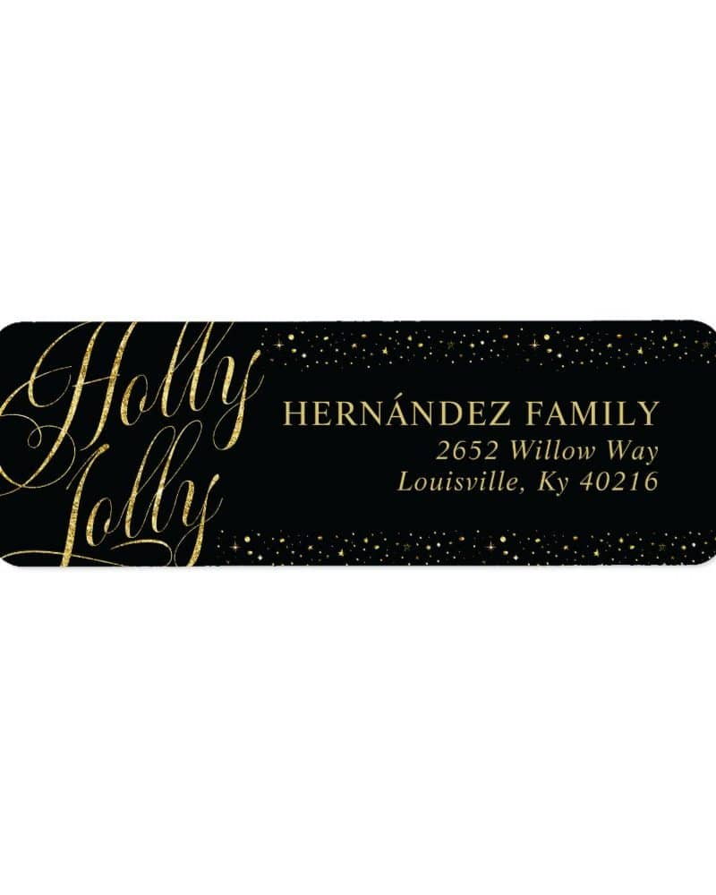 Black return address label with gold glitter and the words Holly Jolly in elegant script. The Hernandez family address is also in gold.