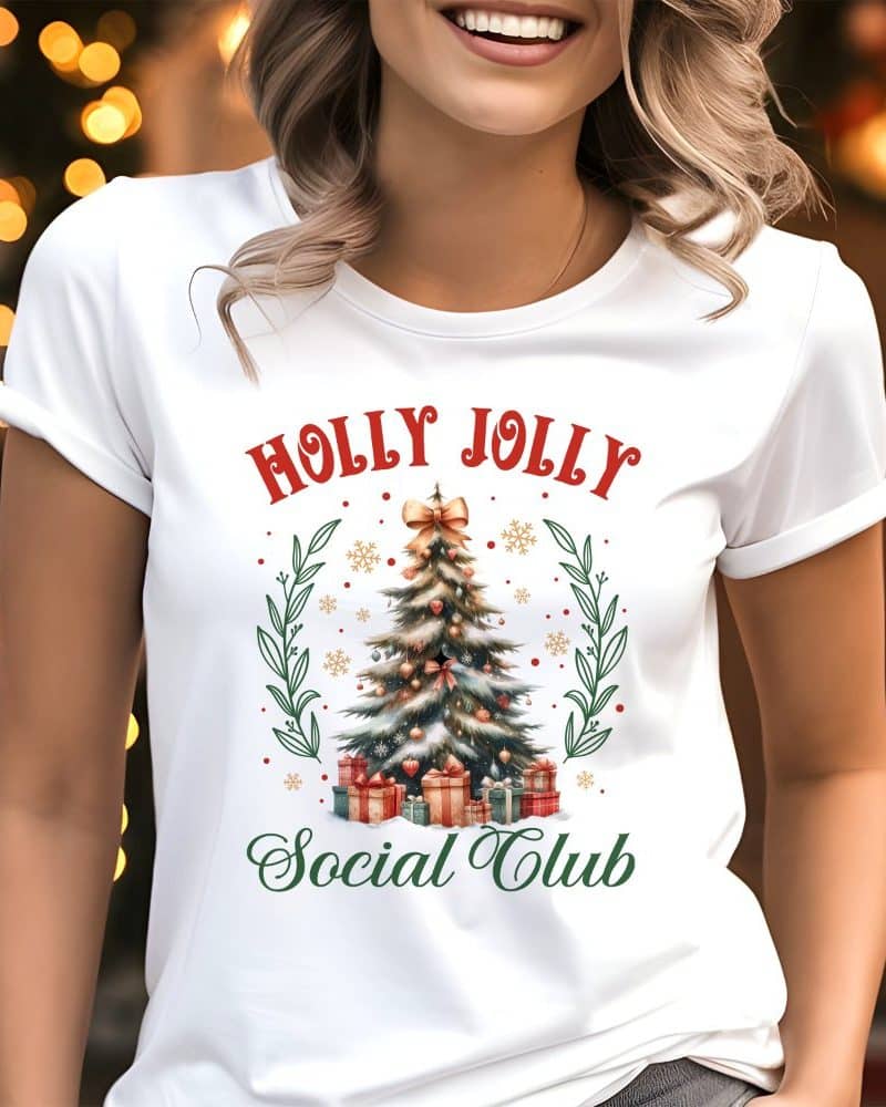White t-shirt with Holly Jolly Social Club design featuring a decorated Christmas tree and presents.