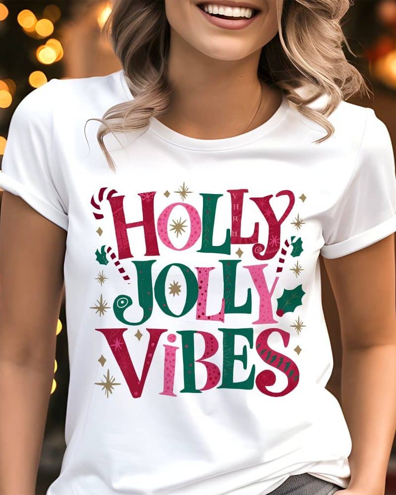 White t-shirt with Holly Jolly Vibes text in festive colors.