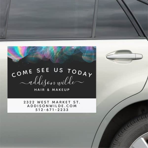 Car Magnet Advertising Addison Wilde Hair &Amp; Makeup, Featuring Colorful Abstract Design.