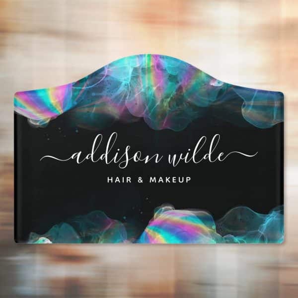 Arched Business Sign With Iridescent Teal And Purple Alcohol Ink Design, Addison Wilde Hair &Amp; Makeup.