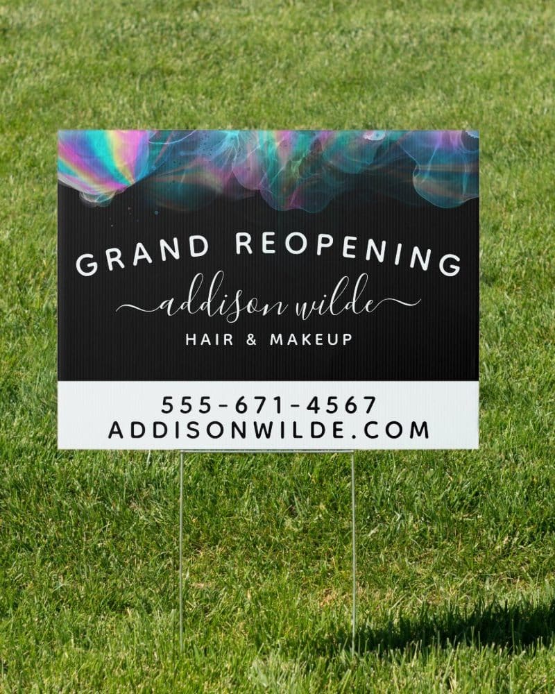 Grand reopening announcement for Addison Wilde Hair & Makeup, showing phone number and website.