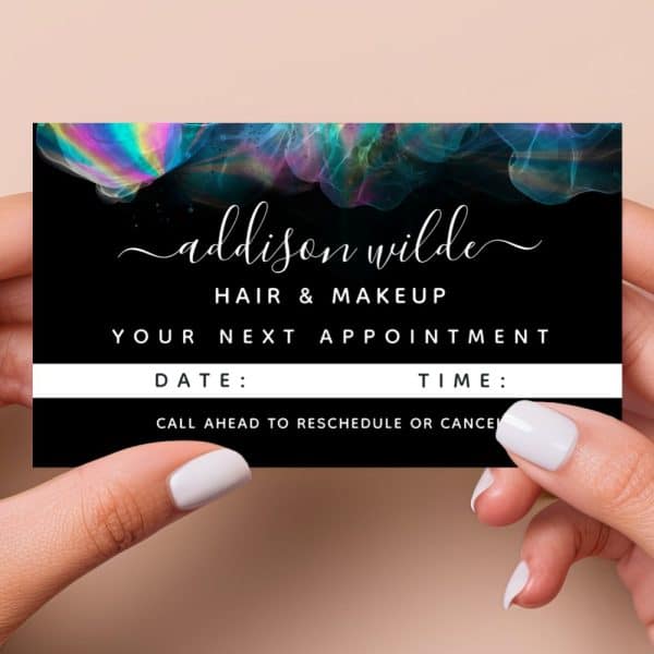 Appointment Card For Addison Wilde Hair &Amp; Makeup, Featuring Iridescent Design.