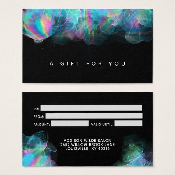 Black Gift Certificate With Iridescent Teal And Pink Abstract Design; Includes Space For Recipient, Giver, Amount, And Expiration Date.