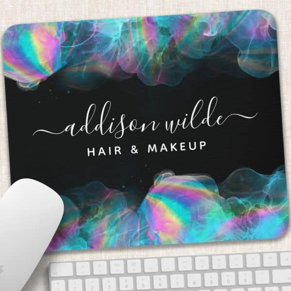Mousepad With Iridescent Teal And Pink Abstract Design And Addison Wilde Hair &Amp; Makeup In White Script Lettering.